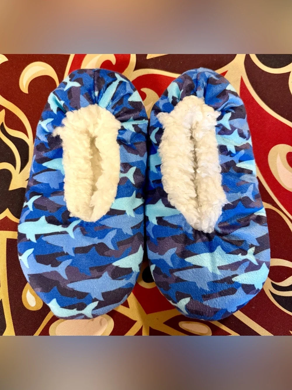 Cozy Blue Shark Print Fleece Slippers